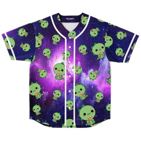 Kawaii green dinosaur boba pattern on a purple blue galaxy baseball jersey