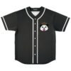 Cartoon-style panda face with halo and tongue, shown on black jersey front with white piping