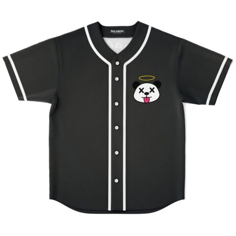 Cartoon-style panda face with halo and tongue, shown on black jersey front with white piping