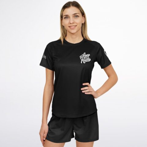 Black custom soccer jersey with front logo design