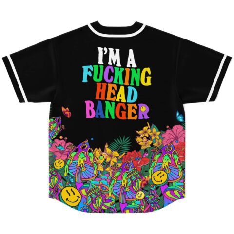 Psychedelic melting pattern back view reading “I’M A FUCKING HEAD BANGER” above neon flowers