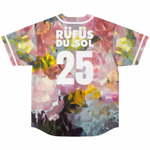 Back view of impressionist floral jersey featuring large white 25 lettering