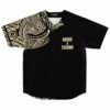 Polynesian-inspired geometric swirl pattern covers one shoulder on the front, with HOUSE X TECHNO text