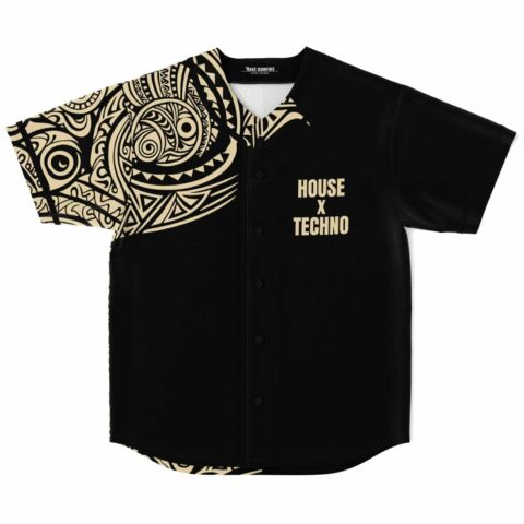 Polynesian-inspired geometric swirl pattern covers one shoulder on the front, with HOUSE X TECHNO text