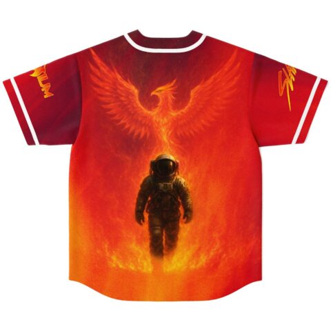 Flame phoenix and astronaut artwork across a red gradient jersey, back view on white