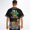 Model wearing psychedelic melting pattern back view reading “I’M A FUCKING HEAD BANGER”