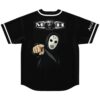Hardcore-inspired black jersey back with masked pointing figure and bold MOH lettering, shown flat