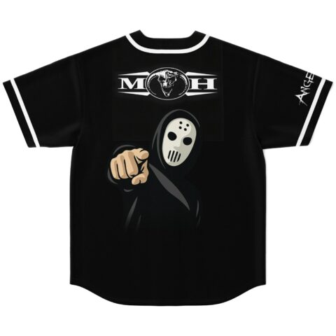 Hardcore-inspired black jersey back with masked pointing figure and bold MOH lettering, shown flat