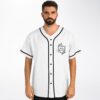 White geometric icosahedron jersey with small chest emblem and button front, straight-on model view