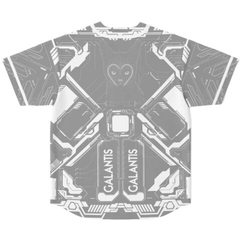 Futuristic circuit jersey back view featuring a subtle cat illustration and bold vertical lettering