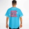 Cyan back slogan jersey modeled with oversized “FREE YOUR MIND” lettering and white trim