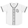 White geometric icosahedron jersey with black piping and buttons, front view laid flat
