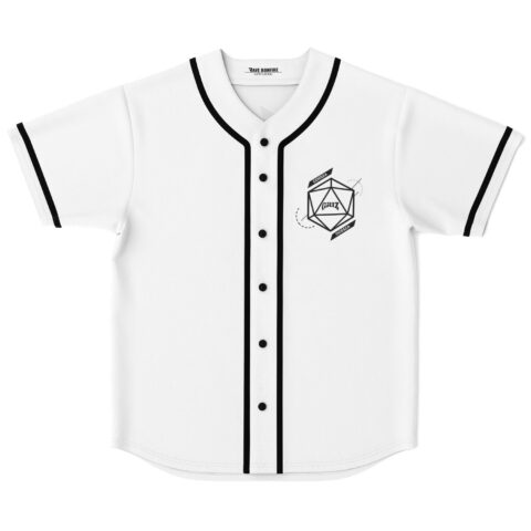 White geometric icosahedron jersey with black piping and buttons, front view laid flat
