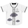 White jersey with purple spiral-cloud print, black piping, and hand-eye emblem on white background