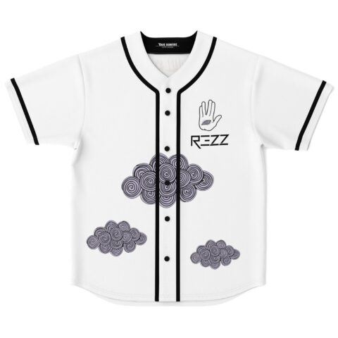 White jersey with purple spiral-cloud print, black piping, and hand-eye emblem on white background