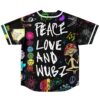 Black doodle side displays PEACE LOVE AND WUBZ amid colorful cosmic festival illustrations
