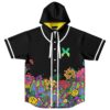 Neon psychedelic garden pattern decorates the front of a black hooded jersey