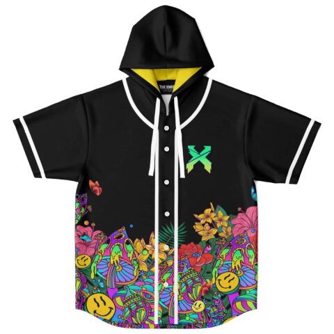 Neon psychedelic garden pattern decorates the front of a black hooded jersey