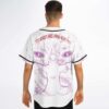 Model wearing anime-inspired purple energy back design reading “THIS WORLD SHALL KNOW NECK PAIN”