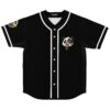 Cartoon panda with rainbow drool and glowing red eye decorates black button-front jersey, front view