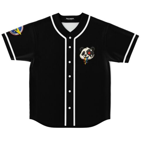 Cartoon panda with rainbow drool and glowing red eye decorates black button-front jersey, front view
