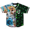 Collage photo print baseball jersey, front view, portrait panels, leaf pattern, and “MOST DOPE” emblem