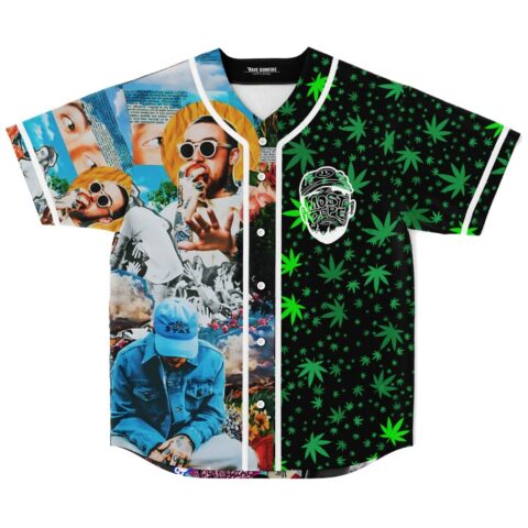 Collage photo print baseball jersey, front view, portrait panels, leaf pattern, and “MOST DOPE” emblem