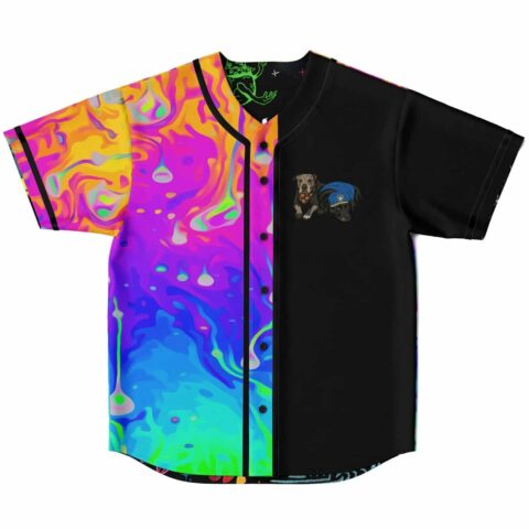 Reversible jersey showing neon acid drip pattern, black panels, and two illustrated dogs