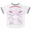 White jersey back featuring “THIS WORLD SHALL KNOW NECK PAIN” and purple anime-inspired energy artwork