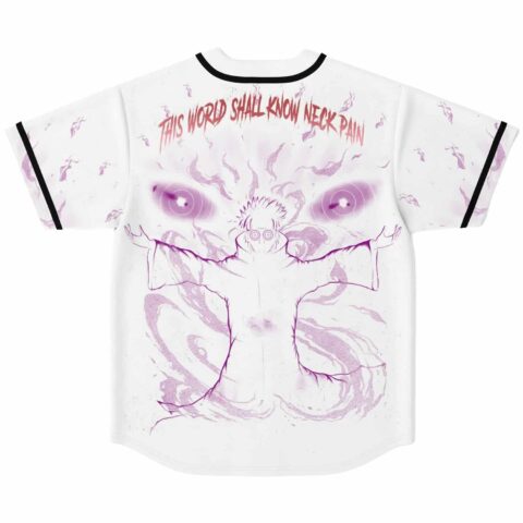 White jersey back featuring “THIS WORLD SHALL KNOW NECK PAIN” and purple anime-inspired energy artwork