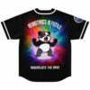 Neon acid-trip panda graphic reads “RESISTANCE IS FUTILE” and “ASSIMILATE THE RAVE,” back view