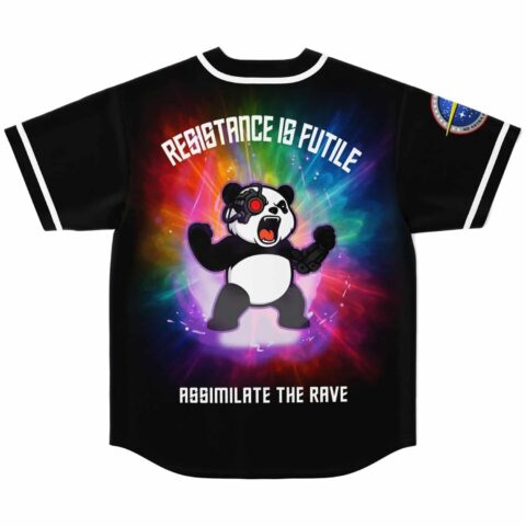 Neon acid-trip panda graphic reads “RESISTANCE IS FUTILE” and “ASSIMILATE THE RAVE,” back view