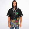 Front view shows the psychedelic garden pattern, bright chest emblem, and white-trimmed hood