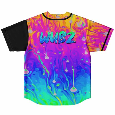 Back view features neon acid drip pattern with large blue-and-green WUBZ lettering