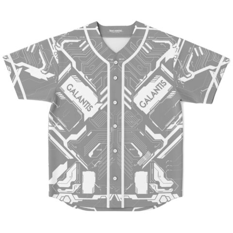 Gray and white futuristic circuit jersey front view with geometric panels and button placket