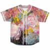 Front view of impressionist floral jersey with white piping and button closure