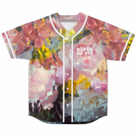 Front view of impressionist floral jersey with white piping and button closure