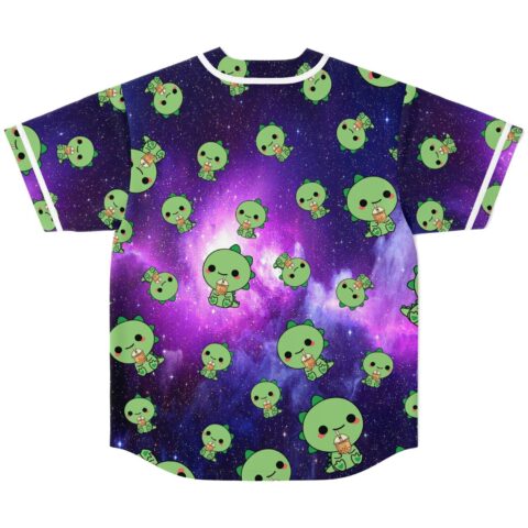 Back view featuring repeating kawaii green dinosaurs sipping boba against a purple blue starry galaxy