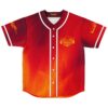 Fiery red gradient jersey with geometric golden emblem and white piping, front view on white