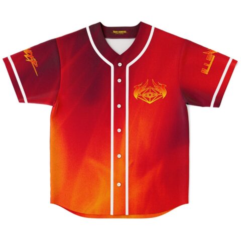 Fiery red gradient jersey with geometric golden emblem and white piping, front view on white