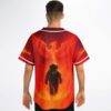 Model wearing phoenix and astronaut artwork jersey, back view in studio