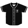 Hardcore-inspired black jersey front with white piping and raised-fist emblem, shown in flat front view