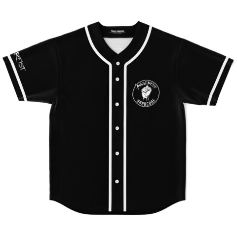 Hardcore-inspired black jersey front with white piping and raised-fist emblem, shown in flat front view