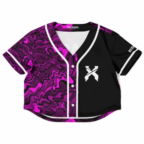 Cropped baseball jersey with bold pink and black pattern and buttons