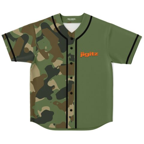 Olive camouflage rave jersey front view with split-panel pattern and orange “jigitz” chest text