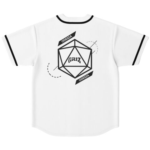 White geometric icosahedron jersey with black banners and dashed orbit lines, back view laid flat