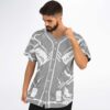 Angled front view of gray futuristic circuit jersey with white circuit lines and button details