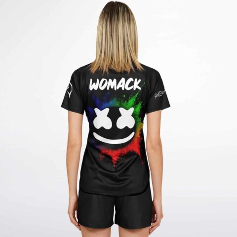 Back view of black soccer jersey with colorful splash effect