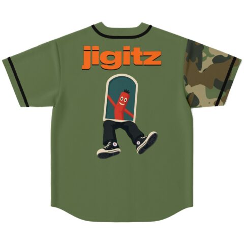 Olive rave jersey back view with orange “jigitz” text and cartoon-style red figure graphic
