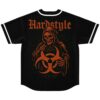 Black jersey with orange Hardstyle text and hooded skeleton holding biohazard symbol, back view